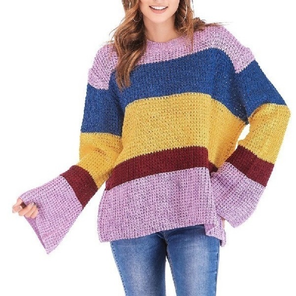 Cozy Striped Pullover Sweater Bell Sleeves - Picture 1 of 8